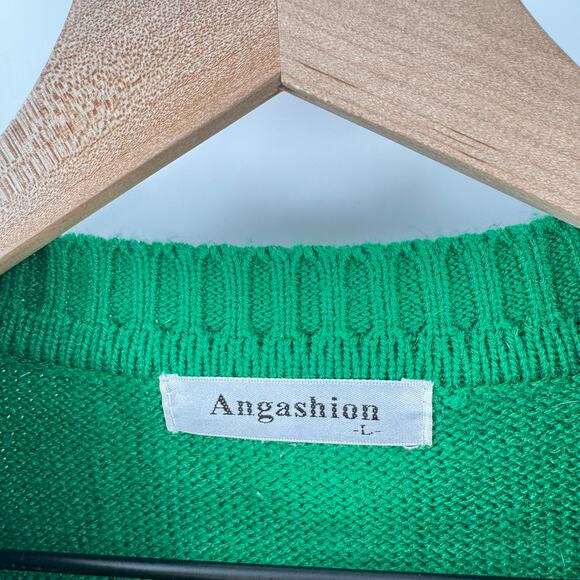 Leopard Sleeve Colorblock Knit Crewneck Sweater Green Cream Angashion Size L - Picture 4 of 8